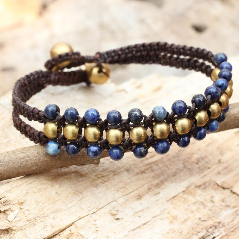 Adjustable women's bracelets -Blue Joy Lapis Lazuli Brass Beaded Bracelet