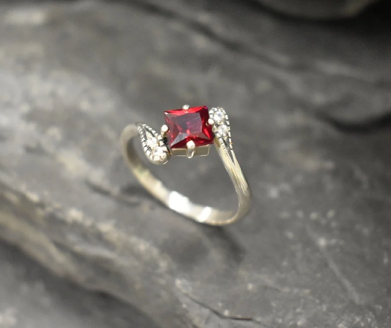 Women’s heart diamond rings-Square Garnet Ring - Red Bypass Ring - Classy Vintage Ring