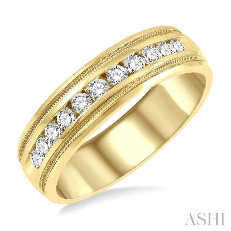 Elegant engagement rings for women -1/2 ctw Parallel Milgrain & Niched Center Round Cut Diamond Men's Wedding Band in 14K Yellow Gold