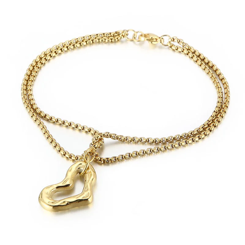 Trendy women's cuffs -Personality Multi-layer Pearl Chain Heart-shaped Hollow Pendant Stainless Steel Bracelet Wholesale