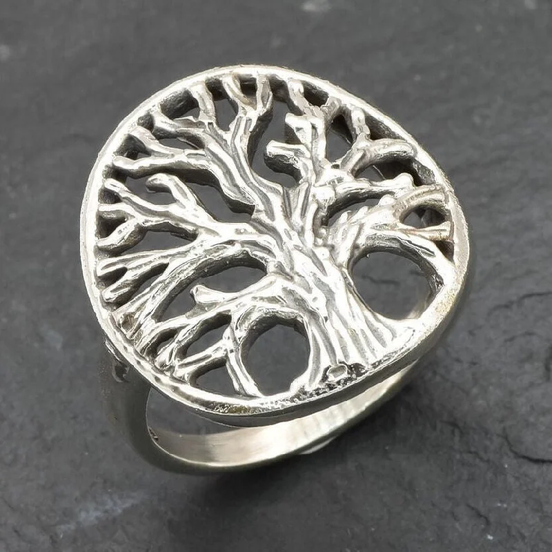 Women’s opal engagement rings-Silver Tree Of Life Ring - Vintage Tree Ring, Silver Statement Ring