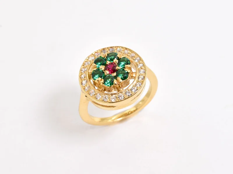 Women’s platinum rings-Gold Emerald Ring - Ruby Flower Ring - Flower Halo Ring