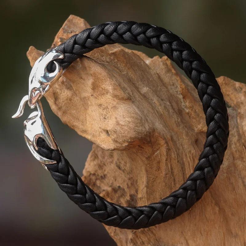 Trendy gold women's bracelets -Tribal Strength Silver Leather Men's Bracelet