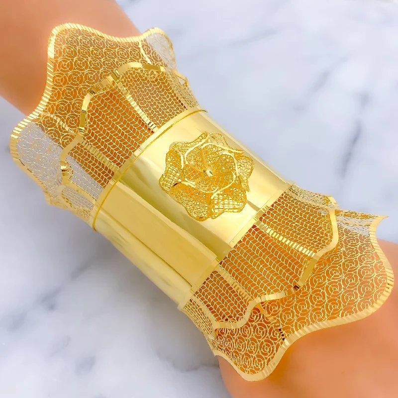 Trendy gold women's bracelets -Royal Lustrous 21K Gold Netted Flower Bangle Bracelet