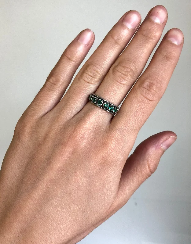 Women’s rose gold rings-Emerald Half Eternity Band - Wide Green Ring - Vintage  Stackable Band