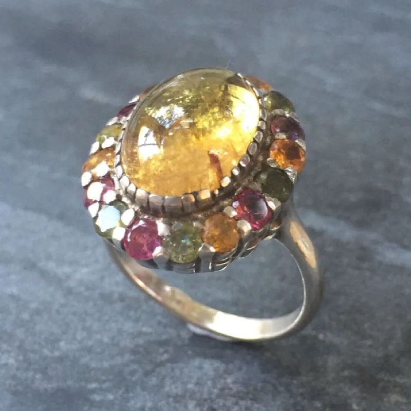 Women’s engagement rings with sapphires-Flower Tourmaline Ring - Yellow Cocktail Ring - Multistone Victorian Ring