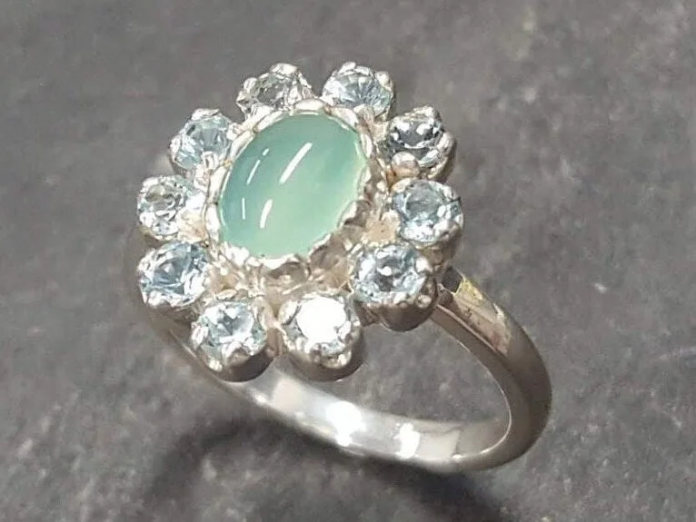 Women’s stackable gemstone rings-Chrysoprase Ring - Blue Flower Ring - Victorian Topaz Ring