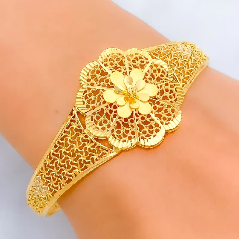 Women’s bangles for spring -Majestic Meshed Flower 22k Gold Bangle Bracelet