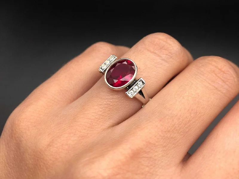 Women’s two-tone rings-Classy Ruby Ring - Red Bezel Ring - Vintage Oval Ring