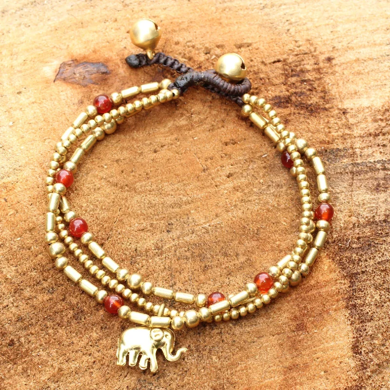 Wide women's bangles -Elephant Charm Carnelian & Brass Bracelet