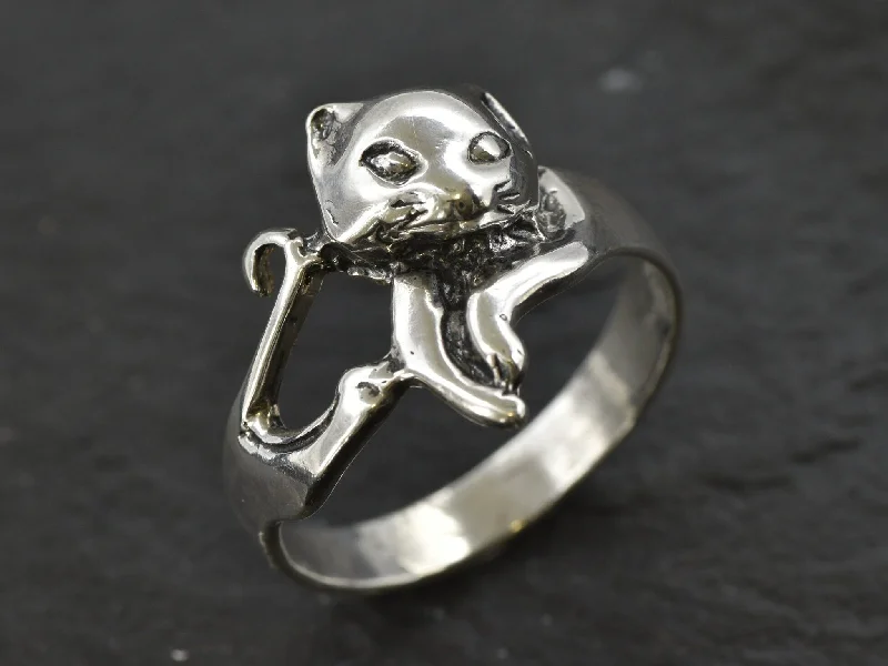 Women’s emerald rings-Silver Cat Ring - Cat Lover Ring - Silver Animal Ring