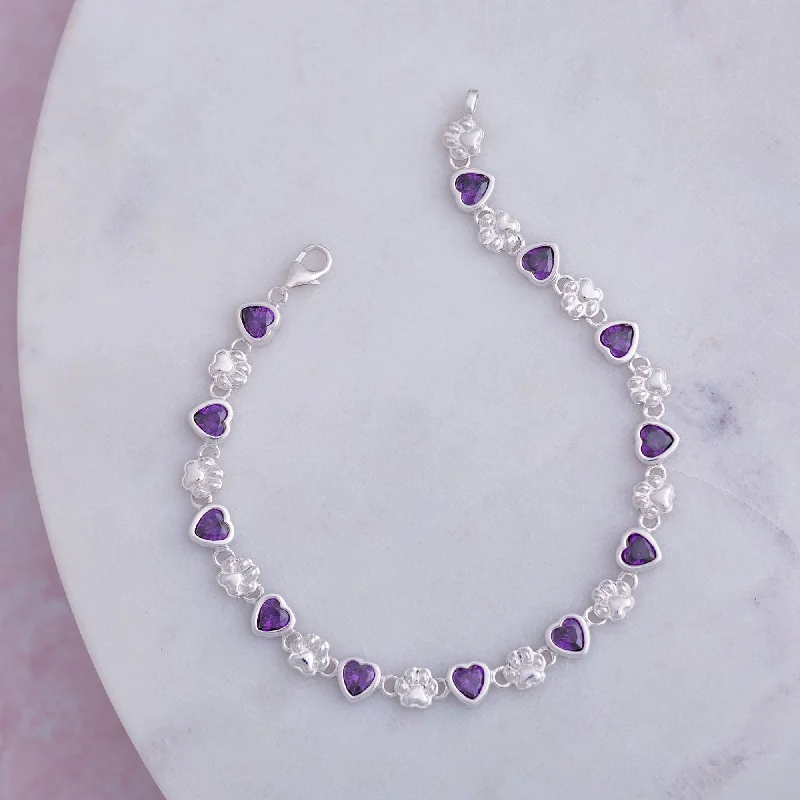 Transparent women's bangles -Amethyst Hearts & Paws Sterling Bracelet