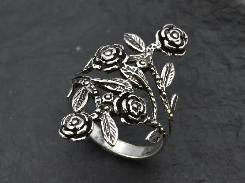 Women’s halo diamond rings-Silver Rose Ring - Long Flower Ring - Silver Flower Ring