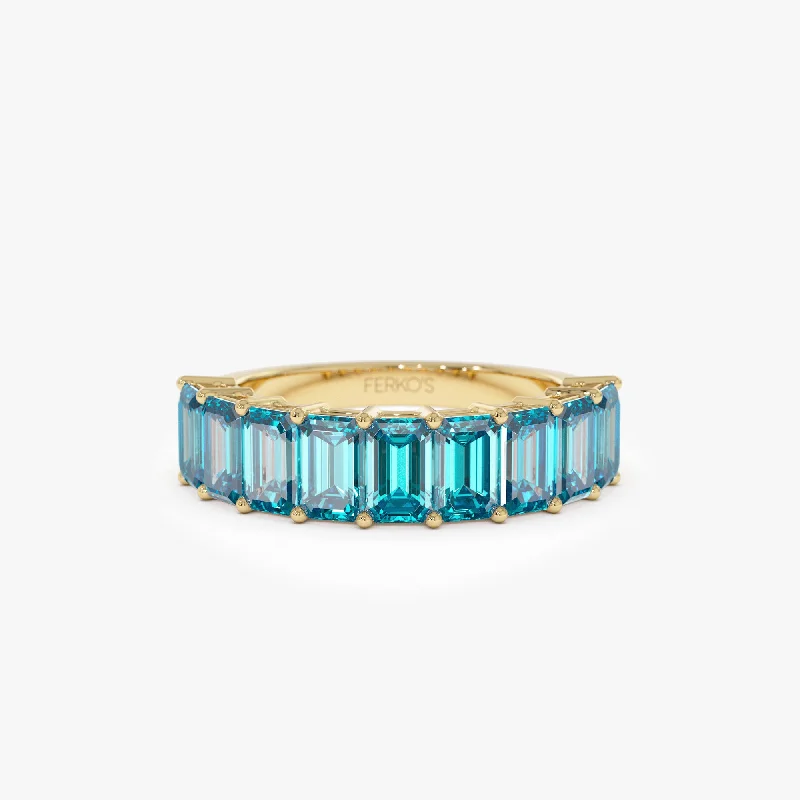 Women’s stackable gemstone rings-14k Emerald Cut Swiss Blue Topaz Nine Stone Ring 3.00ctw