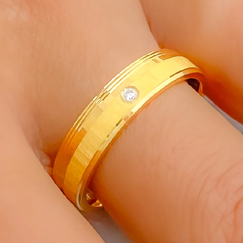 Women’s fashion statement rings-Striped Dual Finish 22k Gold CZ Band