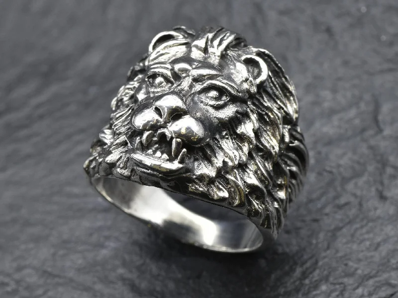 Women’s sapphire rings-Silver Lion Ring - Lion Head Ring - Animal Statement Ring