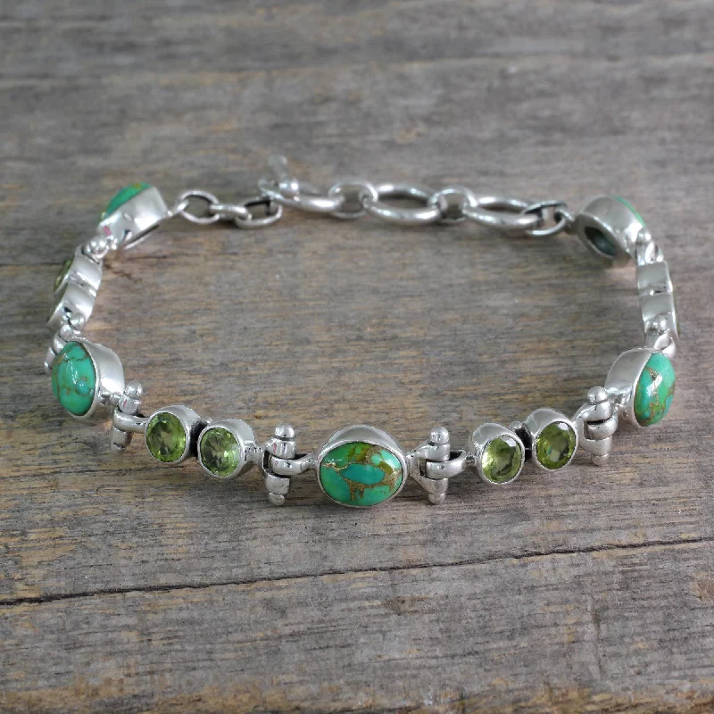 Gold women's bangles -Green Glow Peridot and Reconstituted Turquoise Silver Link Bracelet