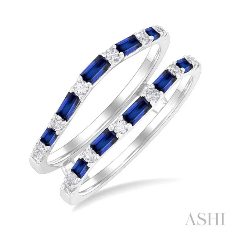 Engagement rings with unique settings for women -2.1x1.4, 2.9x1.5 & 3.1x1.5 MM Baguette Cut Sapphire and 1/5 ctw Round Cut Diamond Precious Insert Ring in 14K White Gold