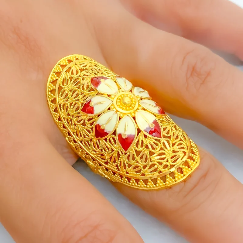 Women’s halo engagement rings-Unique White Meena Flower 22k Gold Statement Ring