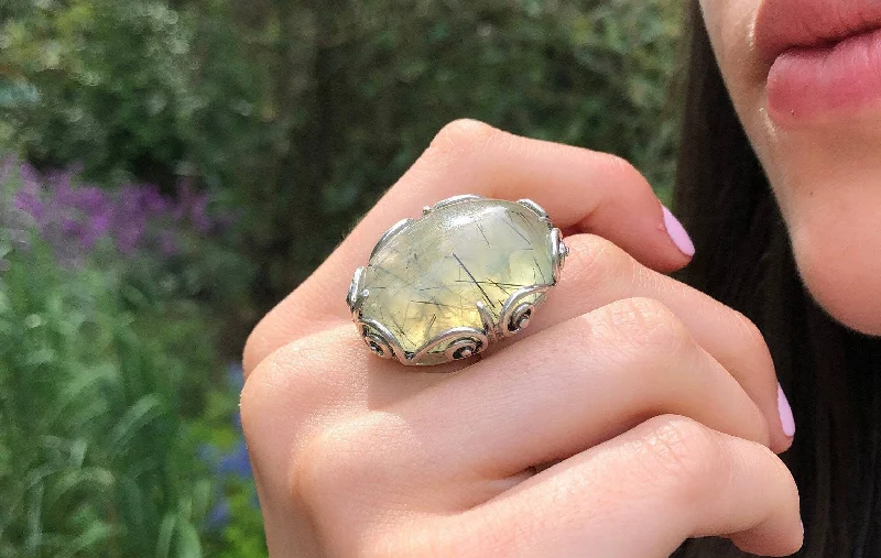 Women’s pearl engagement rings-Large Prehnite Ring - Chunky Boho Ring - Vintage Cocktail Ring