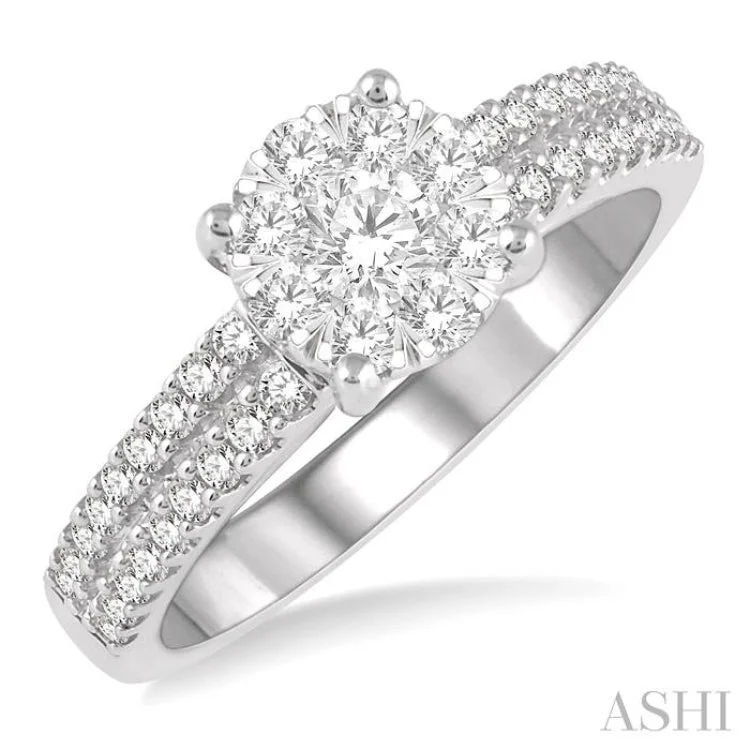 Classic engagement rings for women -3/4 ctw Round Lovebright Diamond Cluster Ring in 14K White Gold