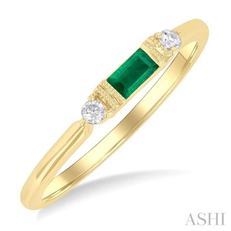 Elegant rose gold engagement rings for women -4X2 MM Baguette Cut Emerald and 1/20 ctw Round Cut Diamond Precious Fashion Ring in 10K Yellow Gold