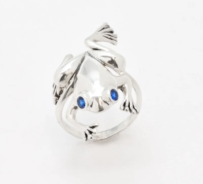 Women’s diamond wedding rings-Silver Frog Ring - Sapphire Gemstone Ring - Frog Statement Ring