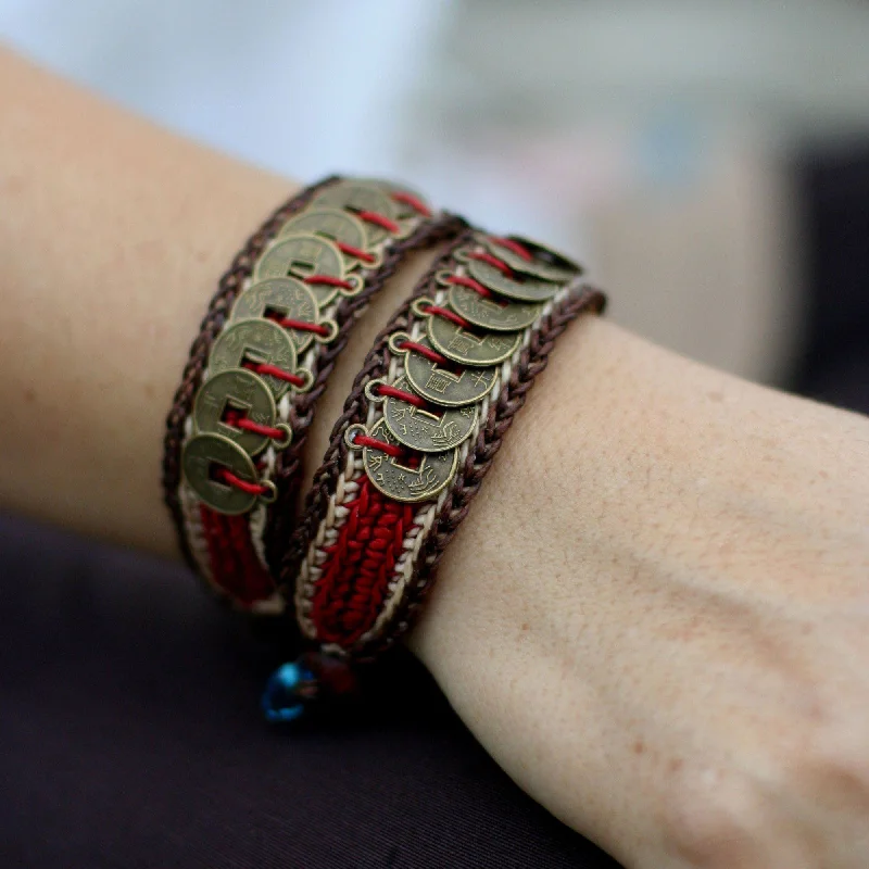 Boho style women's bangles -Coin & Wood Wristband Bracelets