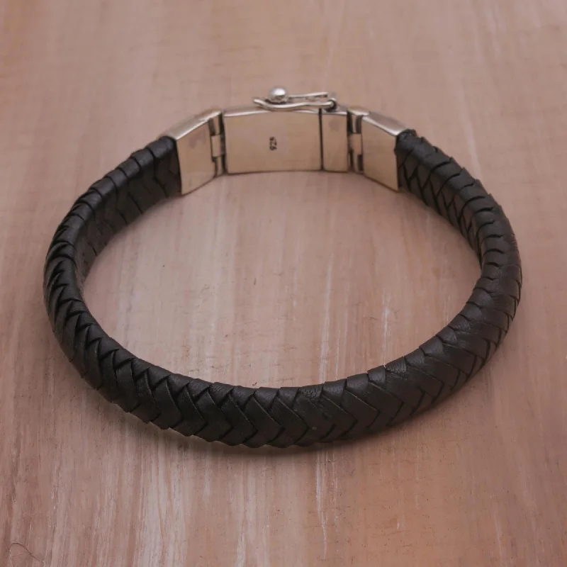 White gold bangles for women -Shrine Weave in Black Silver & Leather Bracelet