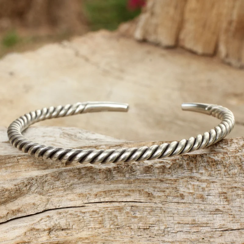 Women's bangles with precious metals -Thai Swirl Silver Men's Twist Cuff Bracelet