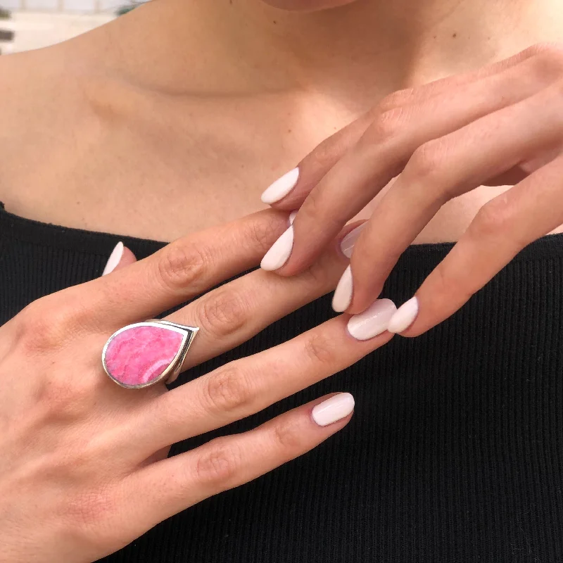 Women’s fashion statement rings-Rhodochrosite Ring - Large Pink Ring - Statement Teardrop Ring