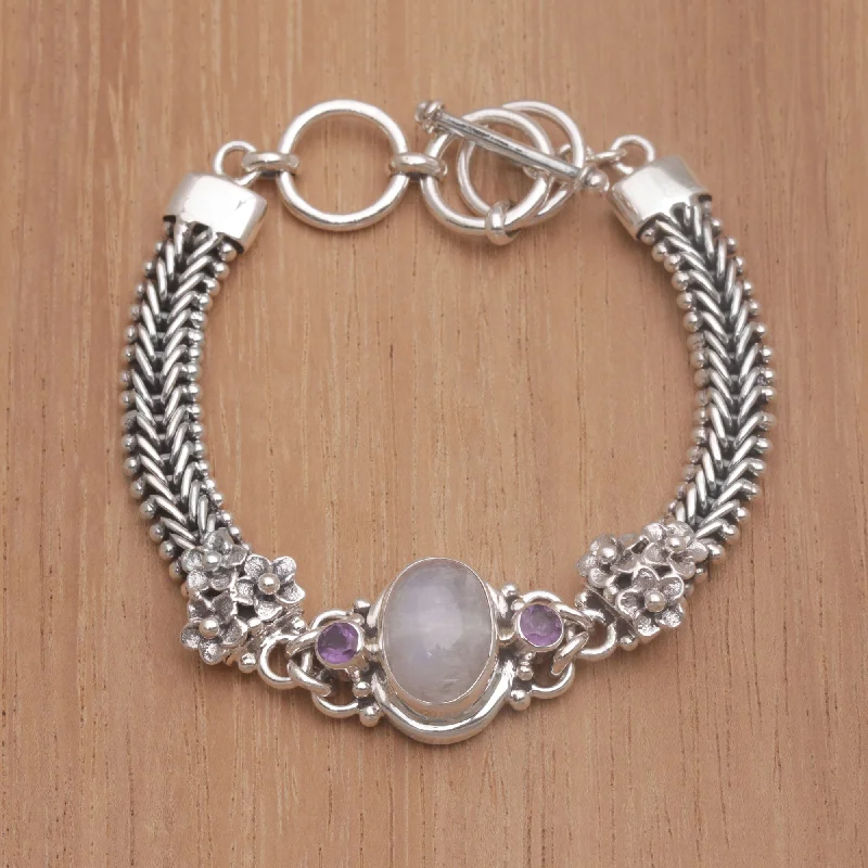 Women's cuff bracelets -Jepun Glow Rainbow Moonstone & Silver Link Bracelet