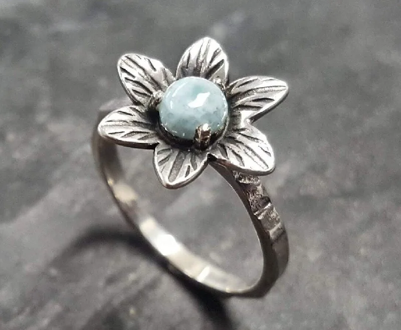 Women’s simple rings-Blue Flower Ring - Genuine Larimar Ring - Vintage Floral Ring