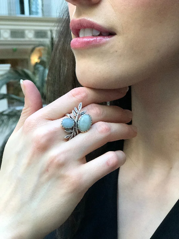 Women’s cocktail rings-Large Aquamarine Ring - Blue Statement Ring - Vintage Leaf Ring