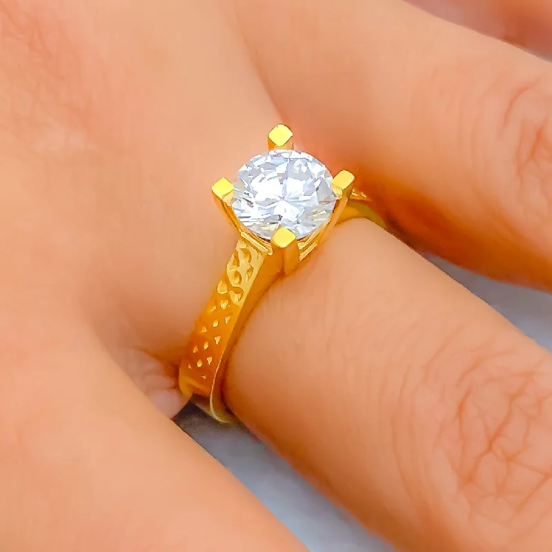 Women’s cushion cut diamond rings-Classic Posh 22k Gold CZ Ring w/ Solitaire