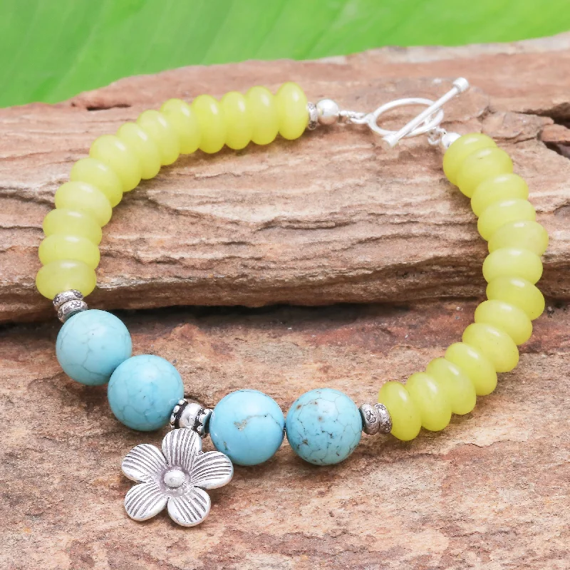 Women's unique bangles -Daisy in the Sunshine Yellow Agate Bracelet with Hill Tribe Silver Flower Charm