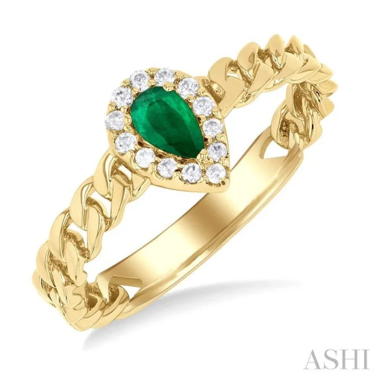 Vintage-inspired engagement rings for women -5x3 MM Pear Cut Emerald and 1/10 ctw Curb & Cuban Link Round Cut Diamond Halo Precious Ring in 10K Yellow Gold