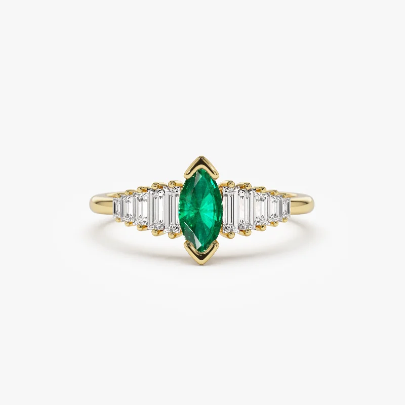 Women’s rose gold engagement rings-14k Gold Marquise Shape Emerald  Ring with Baguette Accents