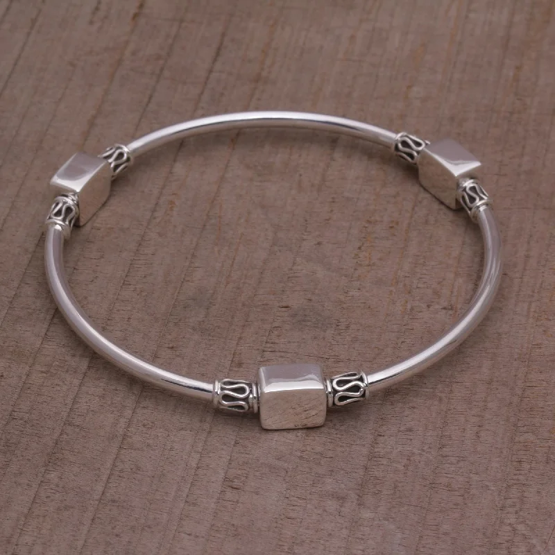 Designer bracelets for women -Square Reflection Silver Bangle Bracelet