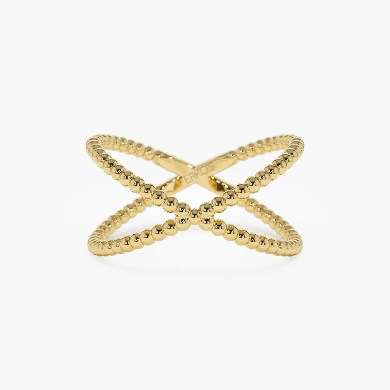 Women’s pearl rings-14K Gold Beaded Band Criss Cross Statement Ring