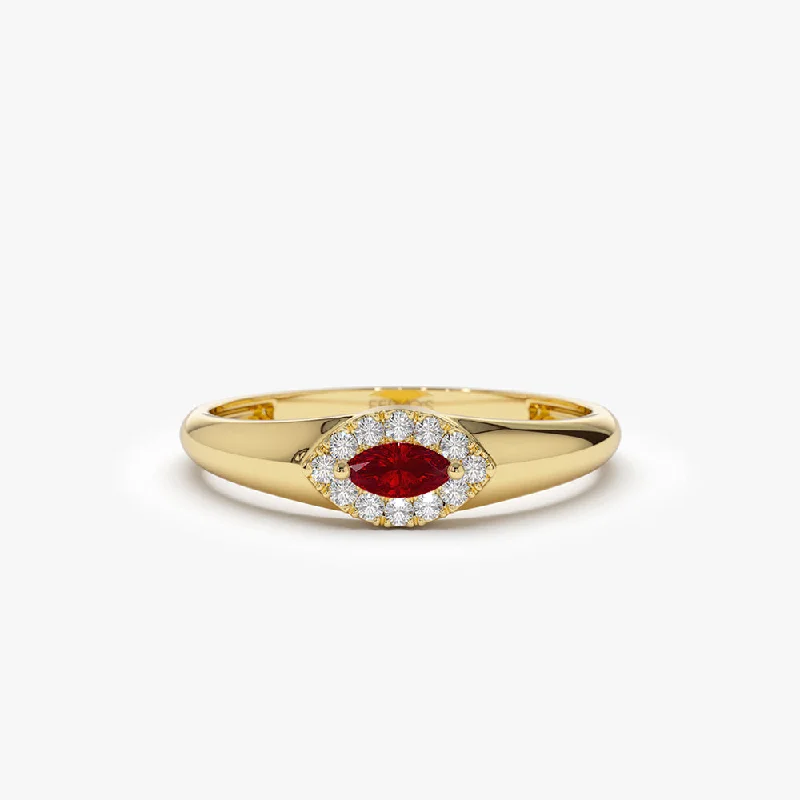 Women’s celestial rings-14k Marquise Ruby Ring in Halo Setting