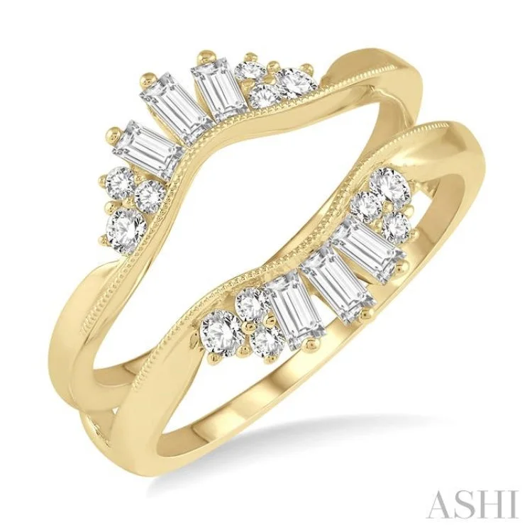 Engagement rings with intricate band design for women -1/2 ctw Curved Center Baguette Tower and Round Cut Diamond Insert Ring in 14K Yellow Gold