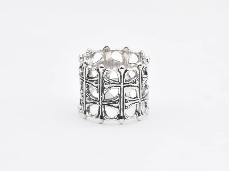 Women’s unique rings-Silver Cross Band Ring - Wide Silver Band -  Patterned Ring