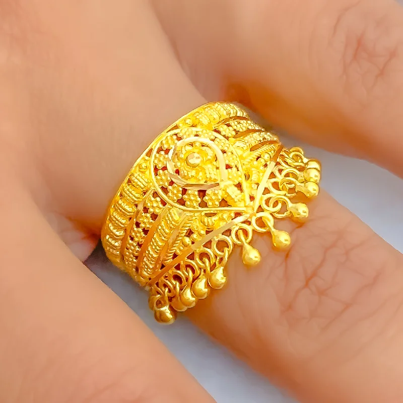 Women’s heart diamond rings-Graceful Floral Tasseled 22K Gold Spiral Ring