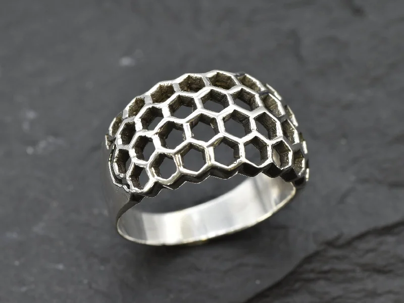 Women’s gold rings-Silver Honeycomb Ring - Chunky Silver Ring  - Silver Artistic Ring