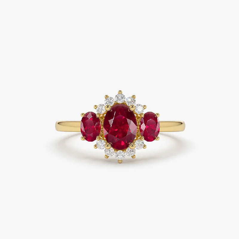 Women’s custom-designed rings-14k Three Stone Ruby Cluster Ring